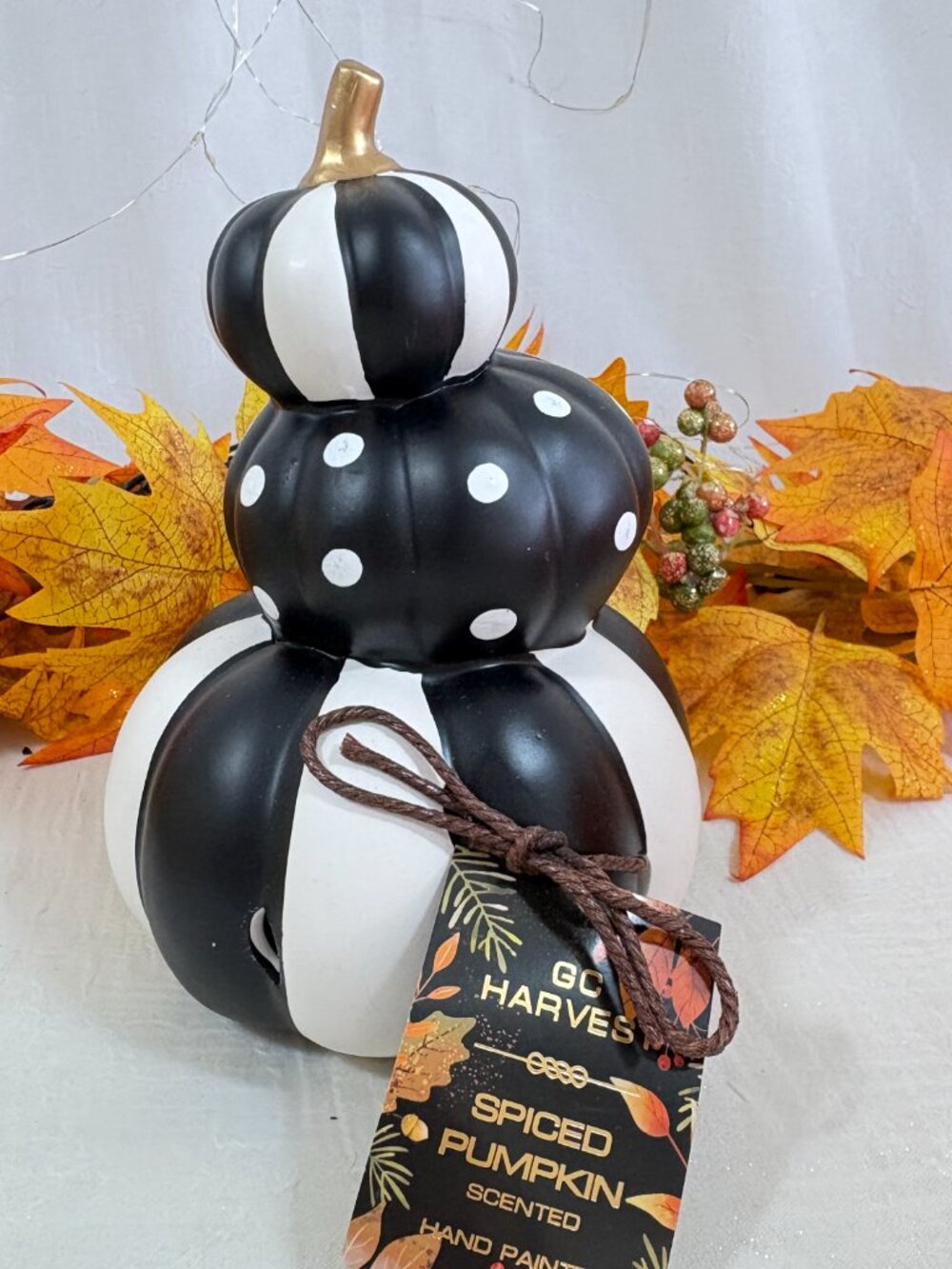 Stacked Ceramic Black White Gold Stem Pumpkin Scented Tabletop Decor New